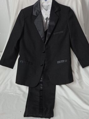 Boy's Black Satin-Trim Tuxedo Jacket, Shirt, Vest, and Pants